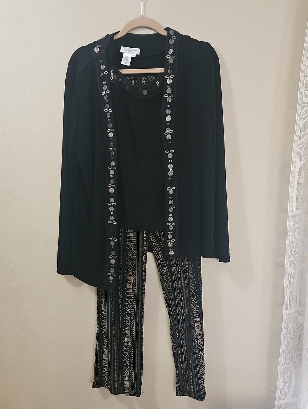 Coldwater Creek Black Embellished Cardigan with Patterned Wide-Leg Pants